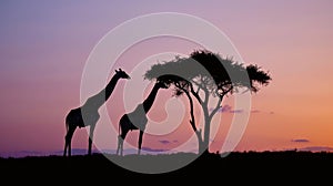 A silhouette of giraffes in the African savannah, with a stunning sunset in the background, Ai Generated