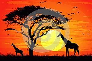 Silhouette of giraffes in savanna at sunset, vector illustration, Giraffe Silhouette - African Wildlife Background - Beauty in