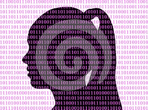 Silhouette of girl in background from binary code