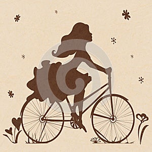 Silhouette of girl on bike in brown tones on beige textured background with marble paper effect.