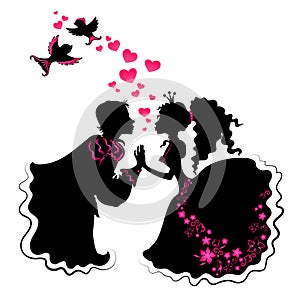 Silhouette of girl and boy with birds