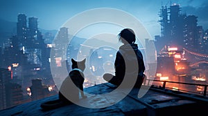 Silhouette of a girl and a cat sitting on the roof of a building at night