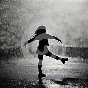 silhouette of a girl dancing in the rain.black and white background.