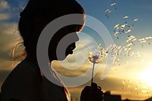 Silhouette of a girl with dandelions