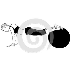 Silhouette of a girl doing push-ups on outstretched arms from the ball. Minimalism style. Design suitable for logo, sign, banner
