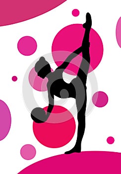 Silhouette of girl doing rhythmic gymnastics exercises with ball over abstract background