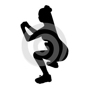 Silhouette of a girl doing sports. A woman in a pose crouches. Yoga, exercise, fitness, stretching. Silhouettes on an isolated