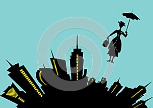 Silhouette girl floats with umbrella in his hand, Mary Poppins style, vector illustration