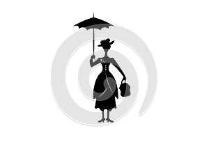 Silhouette girl floats with umbrella in his hand, Mary Poppins style, vector isolated