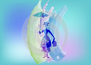 Silhouette girl floats with umbrella in his hand, Mary Poppins style, vector isolated