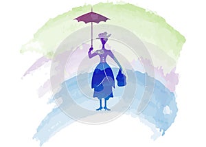 Silhouette girl floats with umbrella in his hand, Mary Poppins style, vector isolated