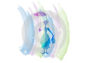 Silhouette girl floats with umbrella in his hand, Mary Poppins style, vector isolated