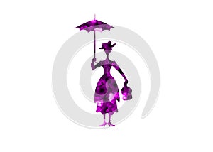 Silhouette girl floats with umbrella in his hand, Mary Poppins style, vector isolated