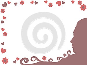 Silhouette of a girl with flowers and hearts, frame, portrait, vector
