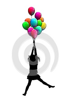 Silhouette of a girl flying in balloons. Vector illustration. Happy birthday.