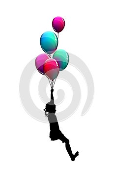 Silhouette of a girl flying in balloons. Vector illustration. Happy birthday.