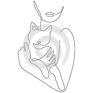 Silhouette of a girl is holding a gentle cat in her arms. Minimalism style. The design is suitable for paintings, decor