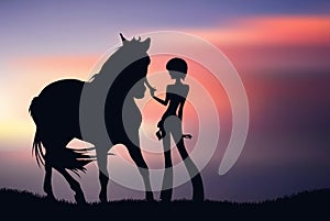 Silhouette of girl with horse at sunset