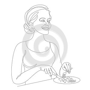 Silhouette of a girl. Lady eats with fork and knife in modern single line style. Continuous line drawing, decor outline