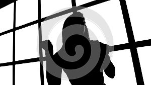 Silhouette of girl with long waving hair in profil on white background with grid window.