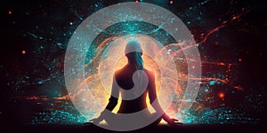 Silhouette of girl in Lotus position on the abstract positive energy background. Generative AI