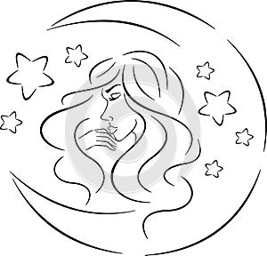 Silhouette of a girl with moon and stars.