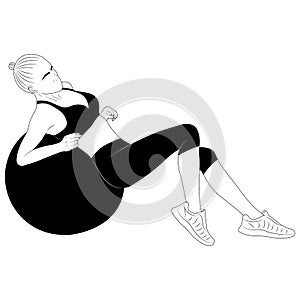 Silhouette of a girl in a pose leaned on a fitness ball. Minimalism style. Design suitable for logo, sign, banner, gym