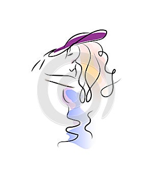 Silhouette of a girl in profile. Multi Colored graphics. Beautiful young girl in a hat. Portrait of a stylish woman. Sketch.
