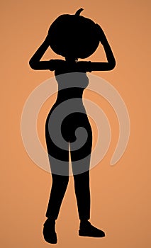 silhouette of a girl with a pumpkin on her head on an orange background 3d-rendering