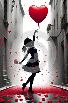 Silhouette of a girl reaching a heart-shaped balloon, holds a rose flower on hand, street background, flower petals, banksy art