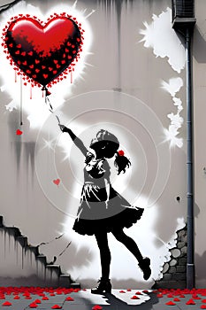 Silhouette of a girl with red heart balloon, with love sign, falling red rose flower petals, love scene, romantic, banksy art