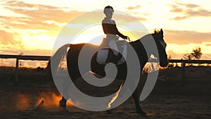 Silhouette of a girl riding a horse at sunset