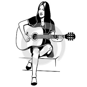 Silhouette of girl singing and playing on acoustic guitar. Black and white stencil vector clipart.