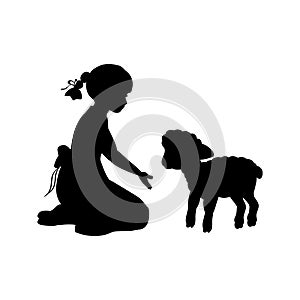 Silhouette girl sitting knees beckon lamb