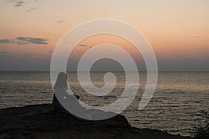 Silhouette of a girl on a sunset background sunrise on the sea