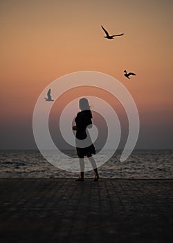 Silhouette of a girl on a sunset background sunrise on the sea