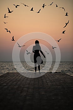 Silhouette of a girl on a sunset background sunrise on the sea