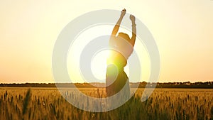 Silhouette of a girl at sunset. A young woman stands in a Golden wheat field and raises her hands. woman spinning in the