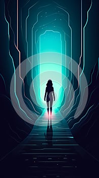 Silhouette of a girl walking towards the light, generative AI.