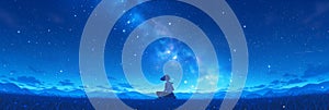 Silhouette girl woman sitting field night sky Milky Way galaxy mountains