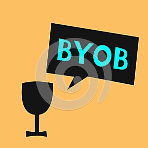 Silhouette of glass and speech bubble with text abbreviation BYOB - Bring Your Own Bottle.