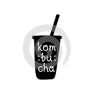 Silhouette of glass with tube and text kombucha. Isolated hand drawn vector illustration for poster. Cartoon quote on glassful.