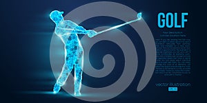 Silhouette of a golf player, golfer from particles on blue background. Low poly neon wire outline geometric. Vector