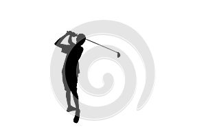 Silhouette golfer hitting golf shot isolated on white background