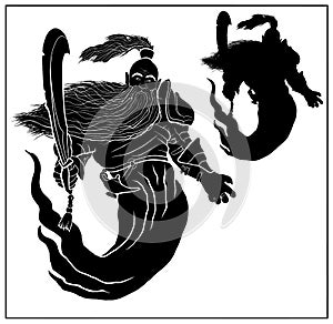 The silhouette of the good old djinn in armor in full growth, without a background. A fantasy character with a long, thick beard.