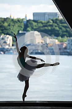 Silhouette of graceful ballerina in white tutu