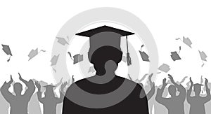 Silhouette graduate on background of cheerful group people throwing mortarboard. Graduation ceremony. Vector illustration photo