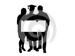 Silhouette graduate with parents holding poster banner placard blank white sheet for text space