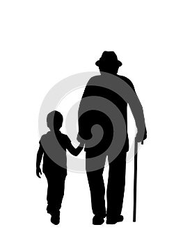 Silhouette of grandfather walking with grandson