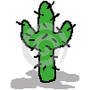 Silhouette of a green cactus plant with prickles on a white background painted by squares, pixels. Vector illustration